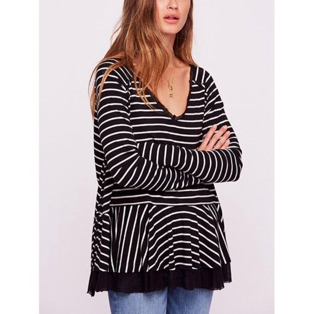 We The Free Tangerine Womens Striped Mesh Inset Peplum Top || XS